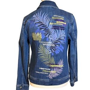 Chico’s Embroidered Denim Jacket Women’s Size Small Leaf Pattern Classic Boho